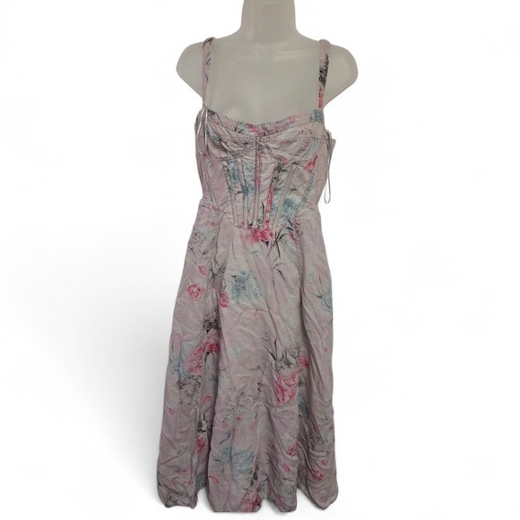 Bardot Pink Floral Corset Midi Dress Linen Blend Sleeveless Sweetheart Size 6 - Picture 2 of 6